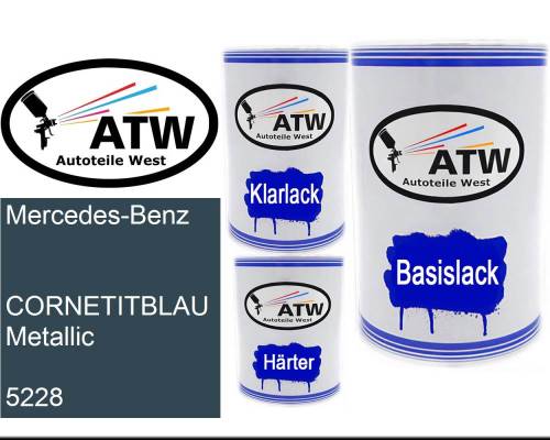 Mercedes-Benz,  CORNETITBLAU Metallic, 5228: 500ml Lackdose + 500ml Klarlack + 250ml Härter - Set, von ATW Autoteile West.